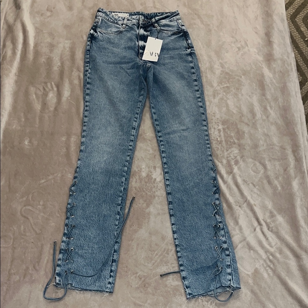Zara Blue Straight Leg Lace-Up Jeans